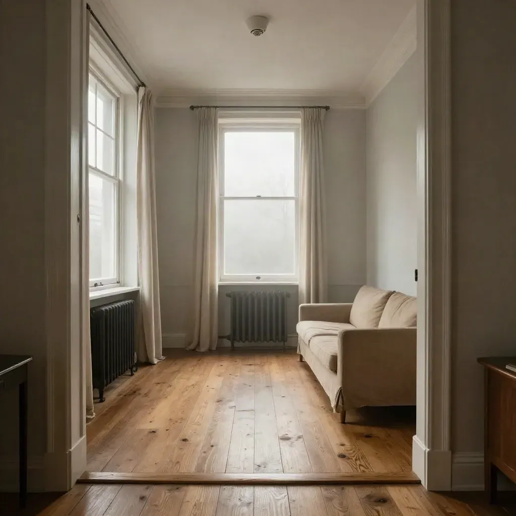 Amsterdam appartement met houten vloer, bank, radiator en zacht ochtendlicht.