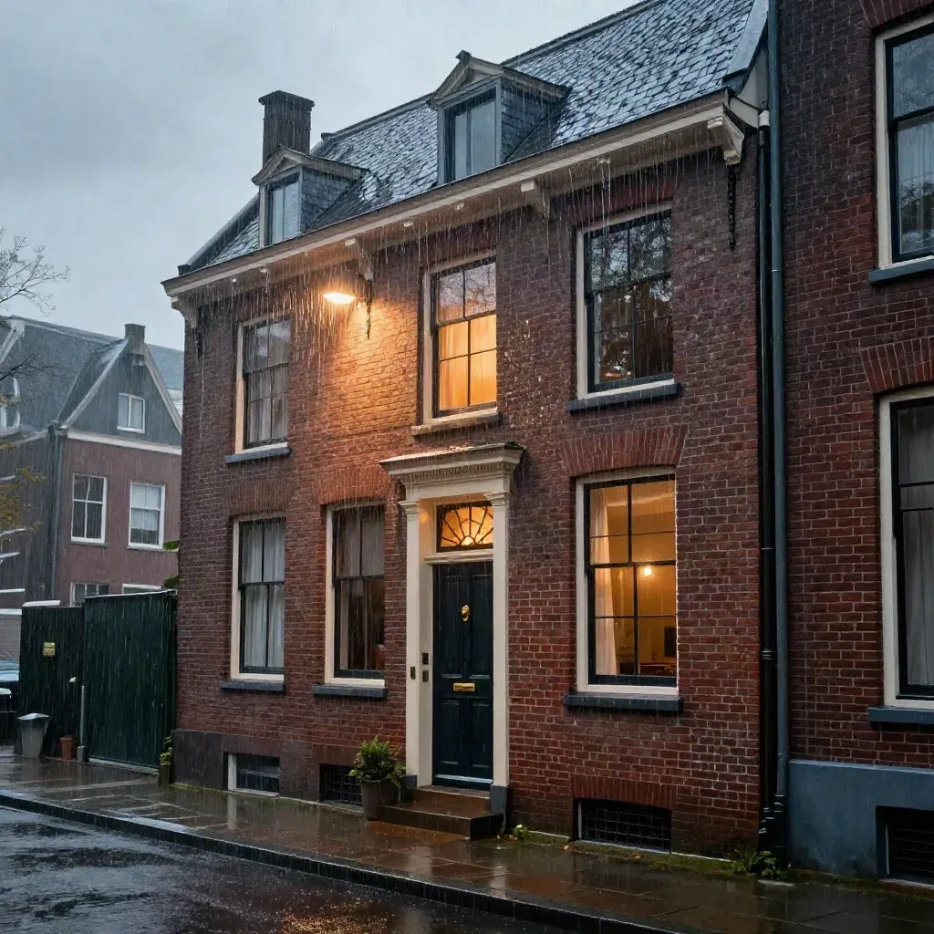 Monumentale Amsterdamse rijwoning in de regen met warm verlicht raam en natte stoep