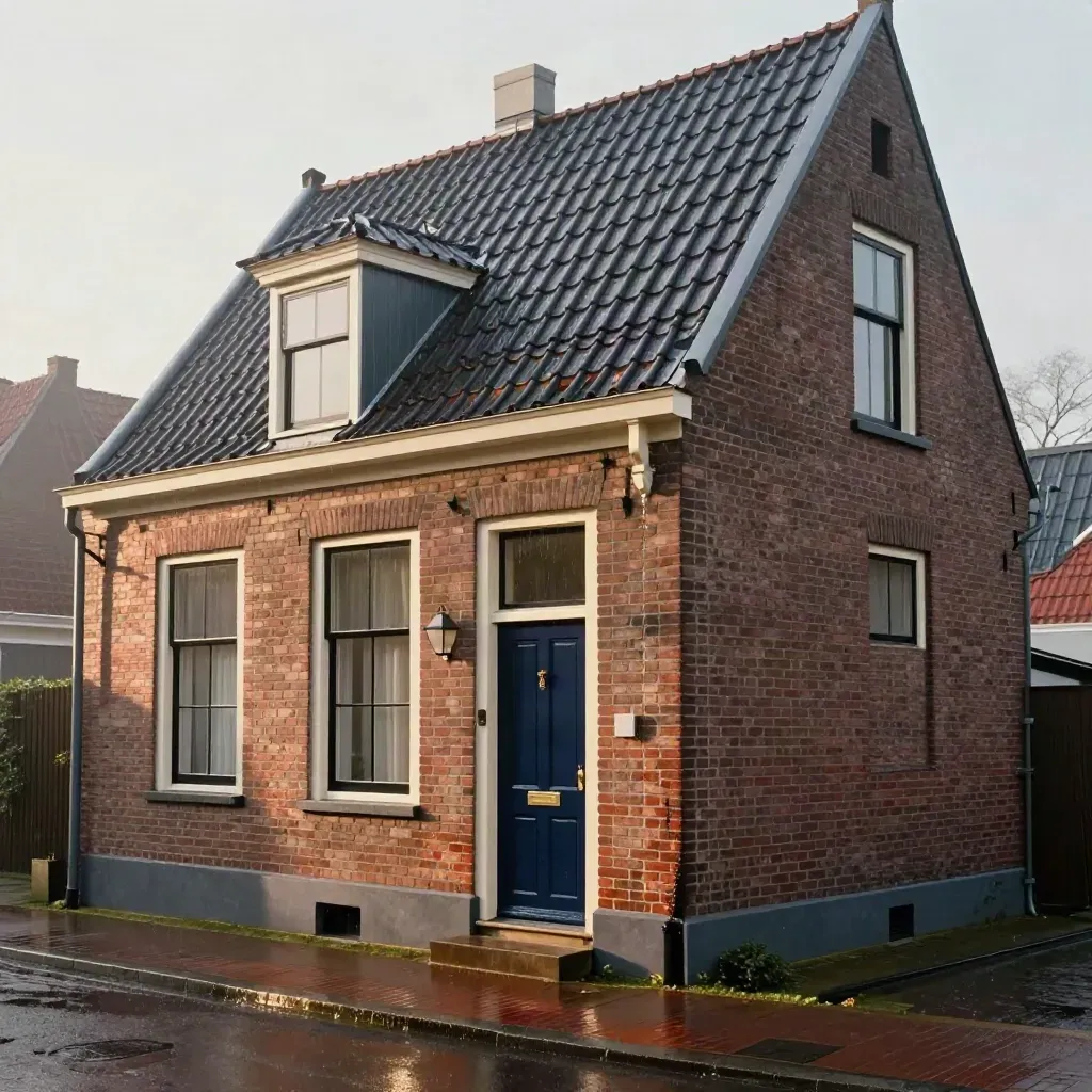 Vrijstaande jaren-30 woning na regen, natte gevel en veilig droge entree