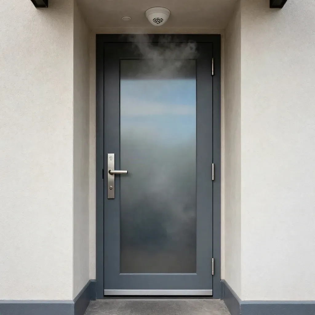 Hal met veilige voordeur, rookmelders en veiligheidsglas met lichte rooksluier.