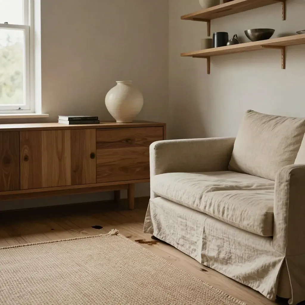 Woonkamerhoek met bank, dressoir, vaas en een kleine vochtplek op de vloer, rustig en intact.