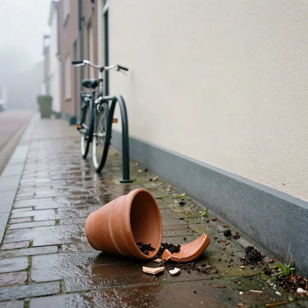 Omgevallen bloempot op natte stoep naast gevel en fietsenrek na de regen