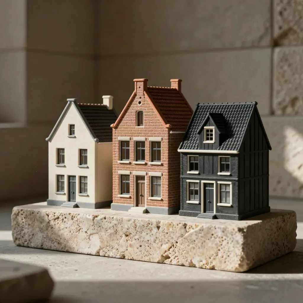 Drie woningmodellen op een stenen sokkel in dramatisch licht.
