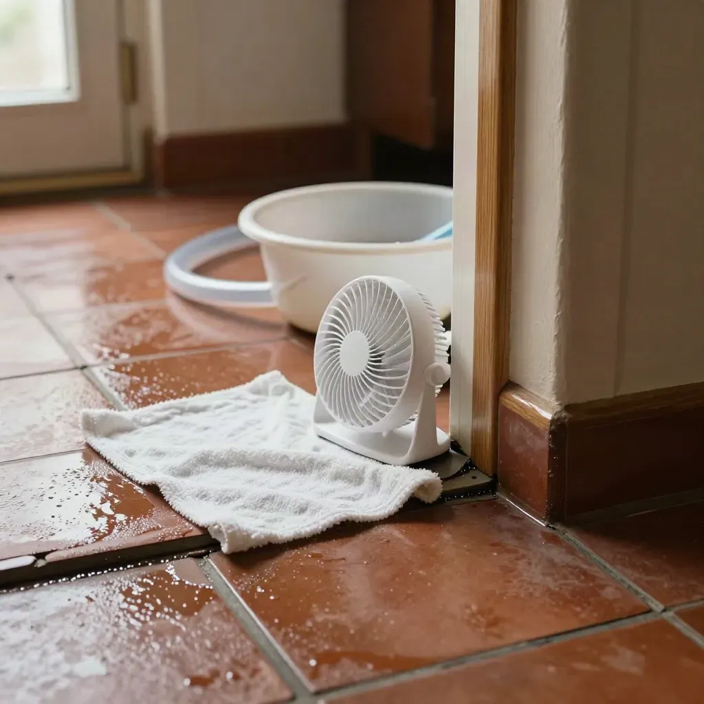 Droge lekplek bij een deur, met ventilator, opvangbak, doek en opgerolde slang