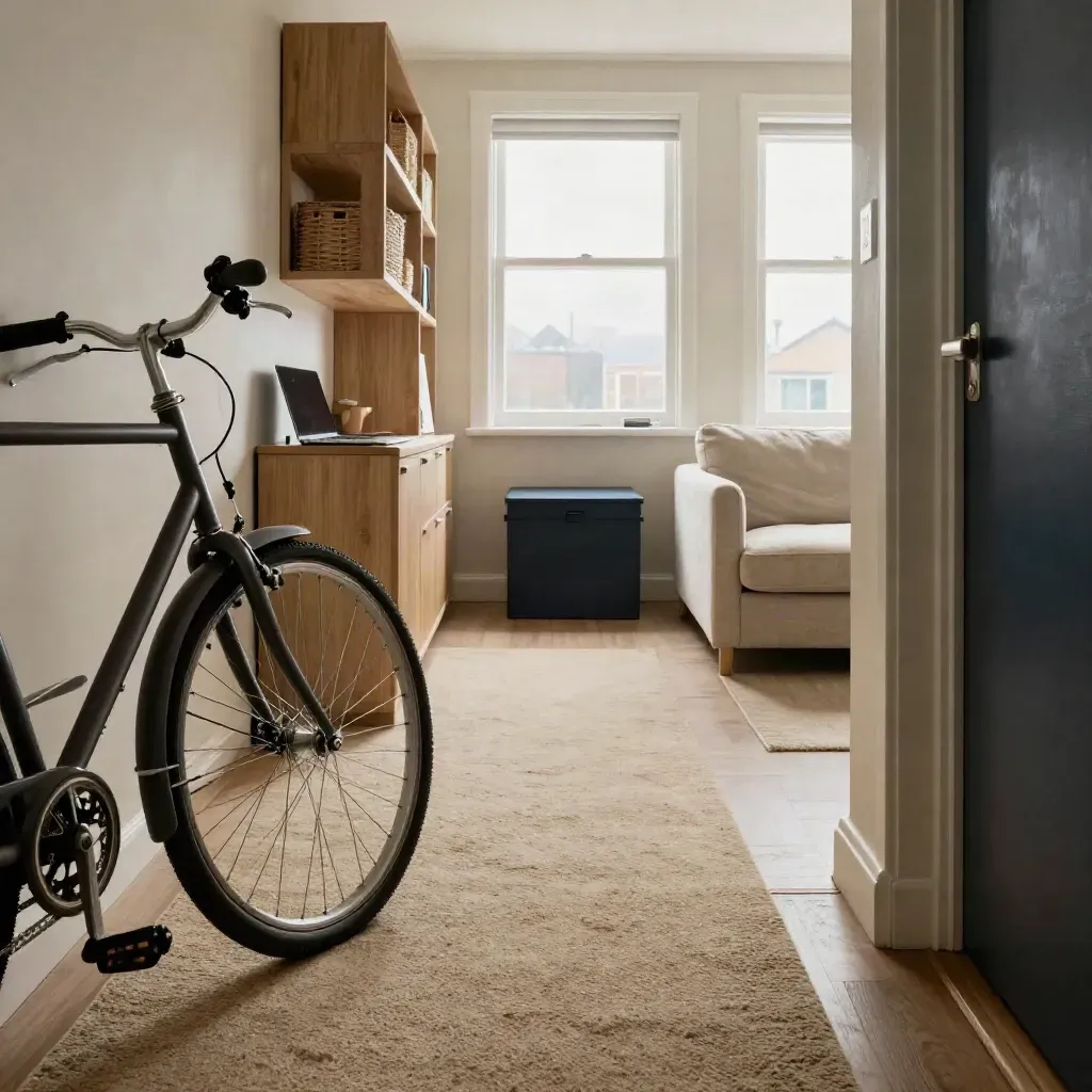 Compact Rotterdamse huurwoning met fiets, laptop en opbergbakken in koel stadslicht.