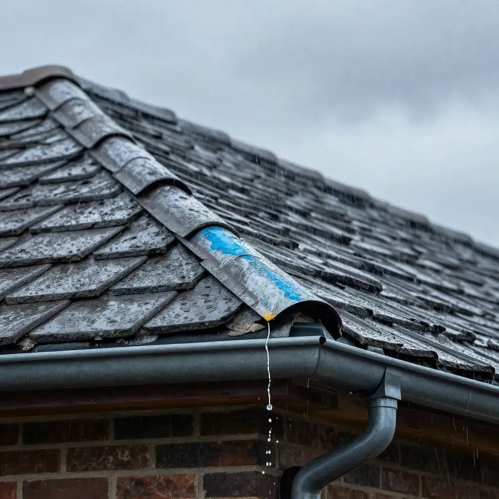 Dak met nieuwe pannen en een droge goot na storm, laag van onderen gefotografeerd.