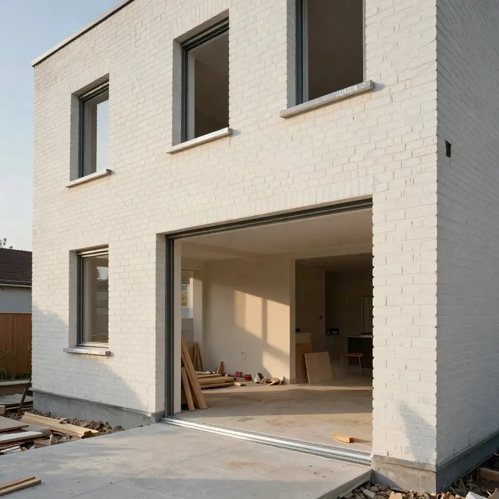 Bijna opgeleverde nieuwbouwwoning met schoon metselwerk, licht beton en bouwstof in Breda.