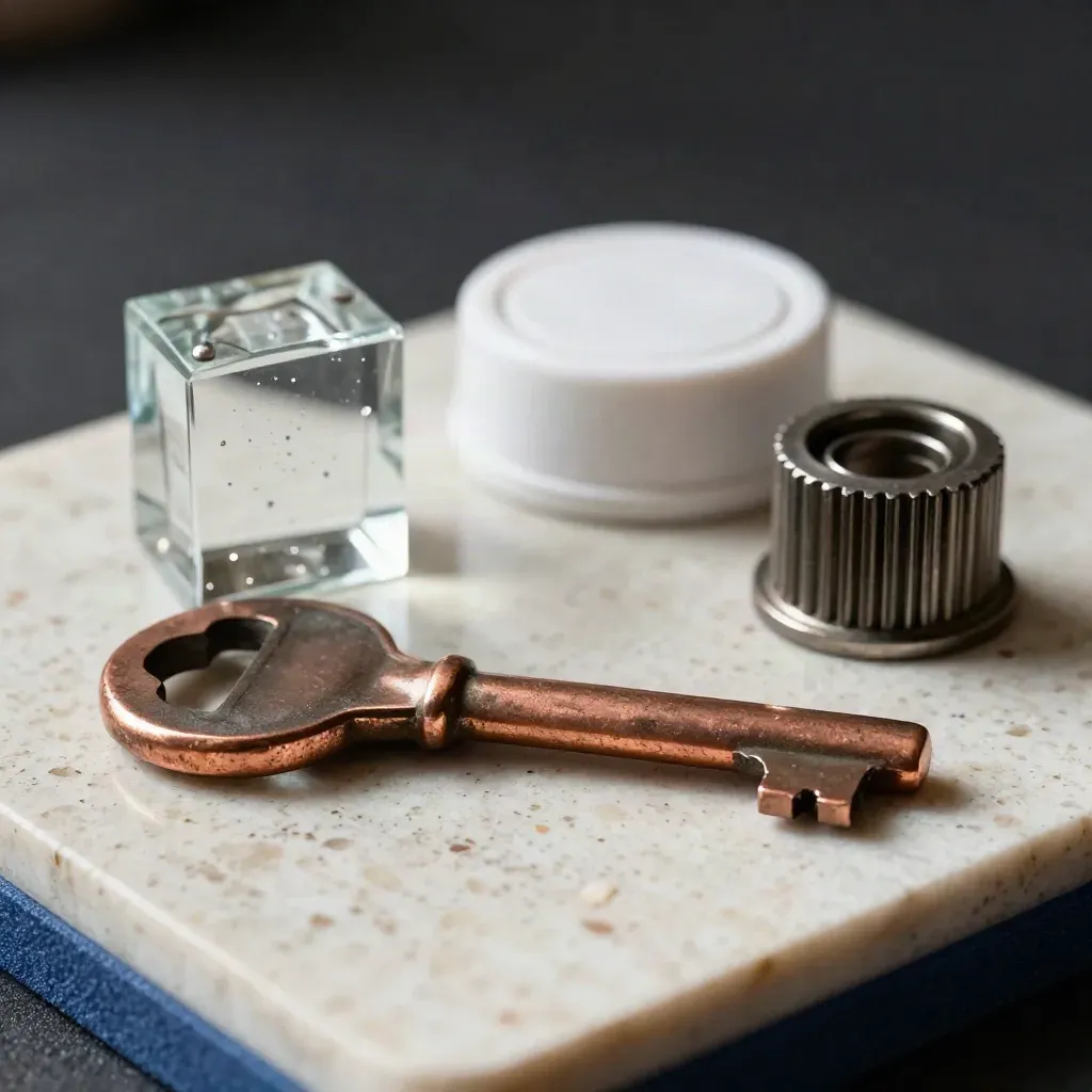 Close-up van een koperen huissleutel met glasstaal, rookmelderknop en cilinderkern op travertin.