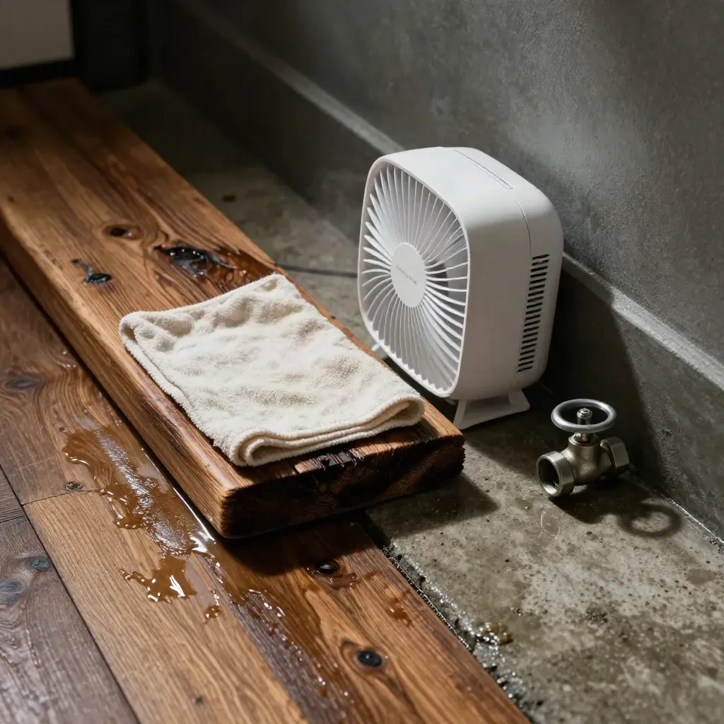 Dramatisch droogproces na waterschade met plank, ventilator, doek en afgesloten stopkraan in een technische ruimte.