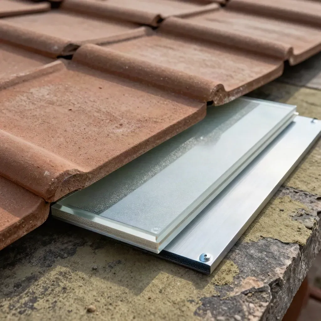 Drie materiaalstalen van dakpan, glas en metaal op een rij met koele blauwe glans.