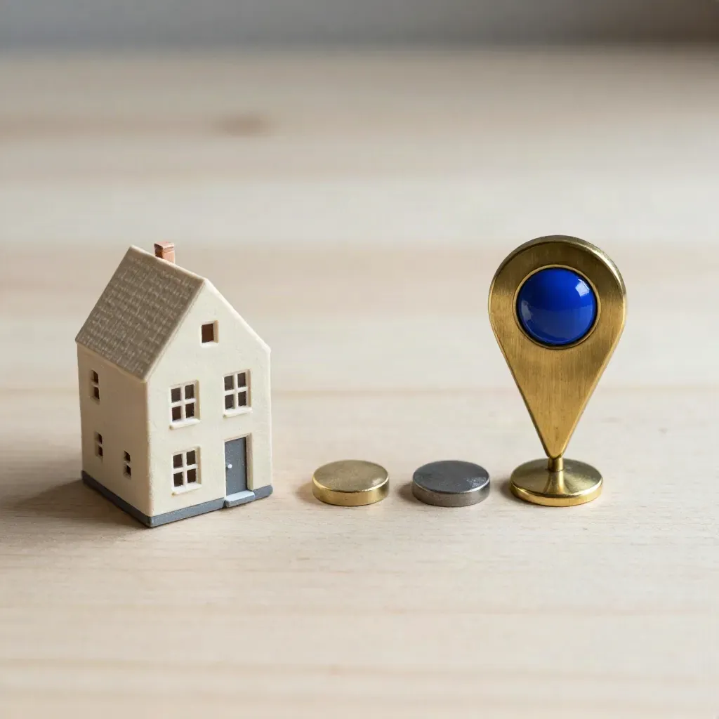 Miniatuur rijtjeshuis met locatiemarkering en drie tokens op licht houten ondergrond