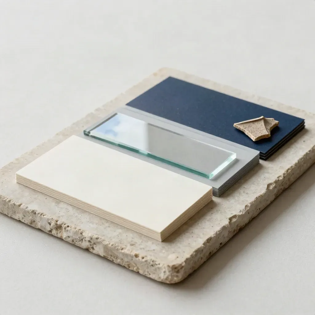 Drie kaartblokken, glasstaal en dakpanfragment op een matte stenen plank.