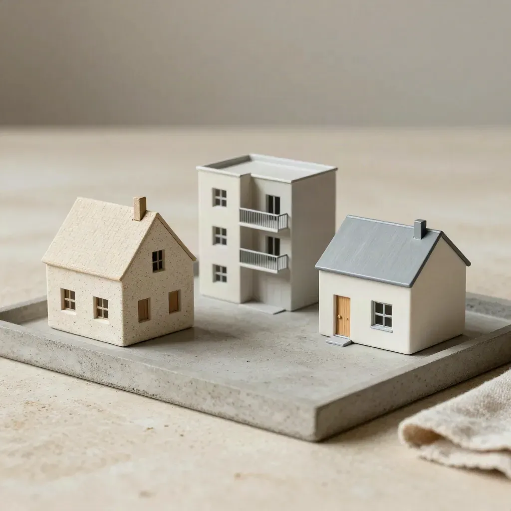 Drie maquettes van een huis, appartement en huurhuis op steen, gekozen variant iets vooraan.