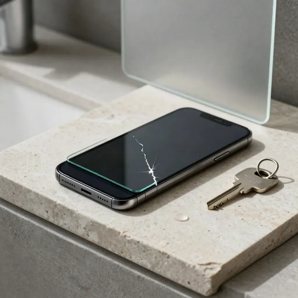 Smartphone, gebroken glas, huissleutel en waterdruppel op stenen schaal