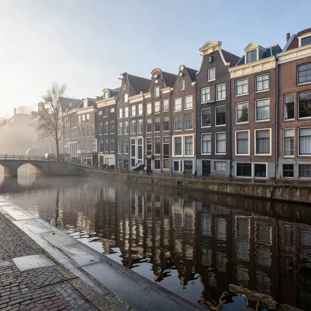 Mist boven de Amsterdamse grachtengordel met donkere daken en zacht spiegelend water.