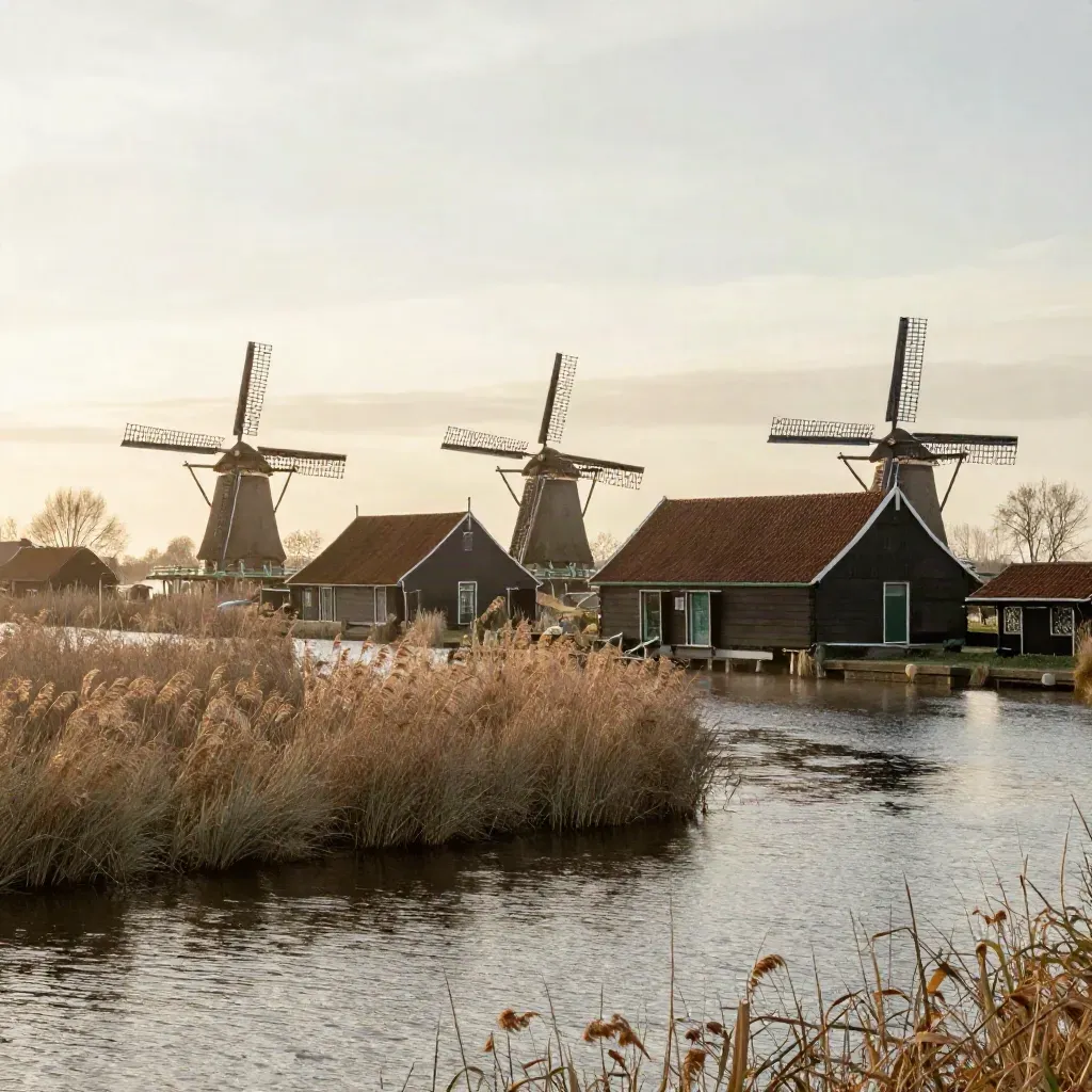Zaanse rivieroevers met windmolens in gouden ochtendnevel boven rustig water.
