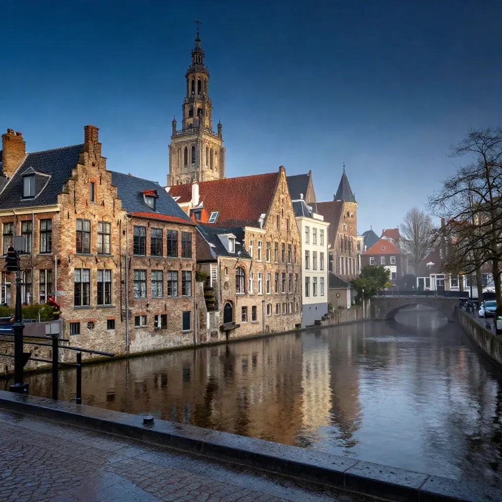 Historische binnenstad van Delft met grachten, natte daken en avondnevel na regen.
