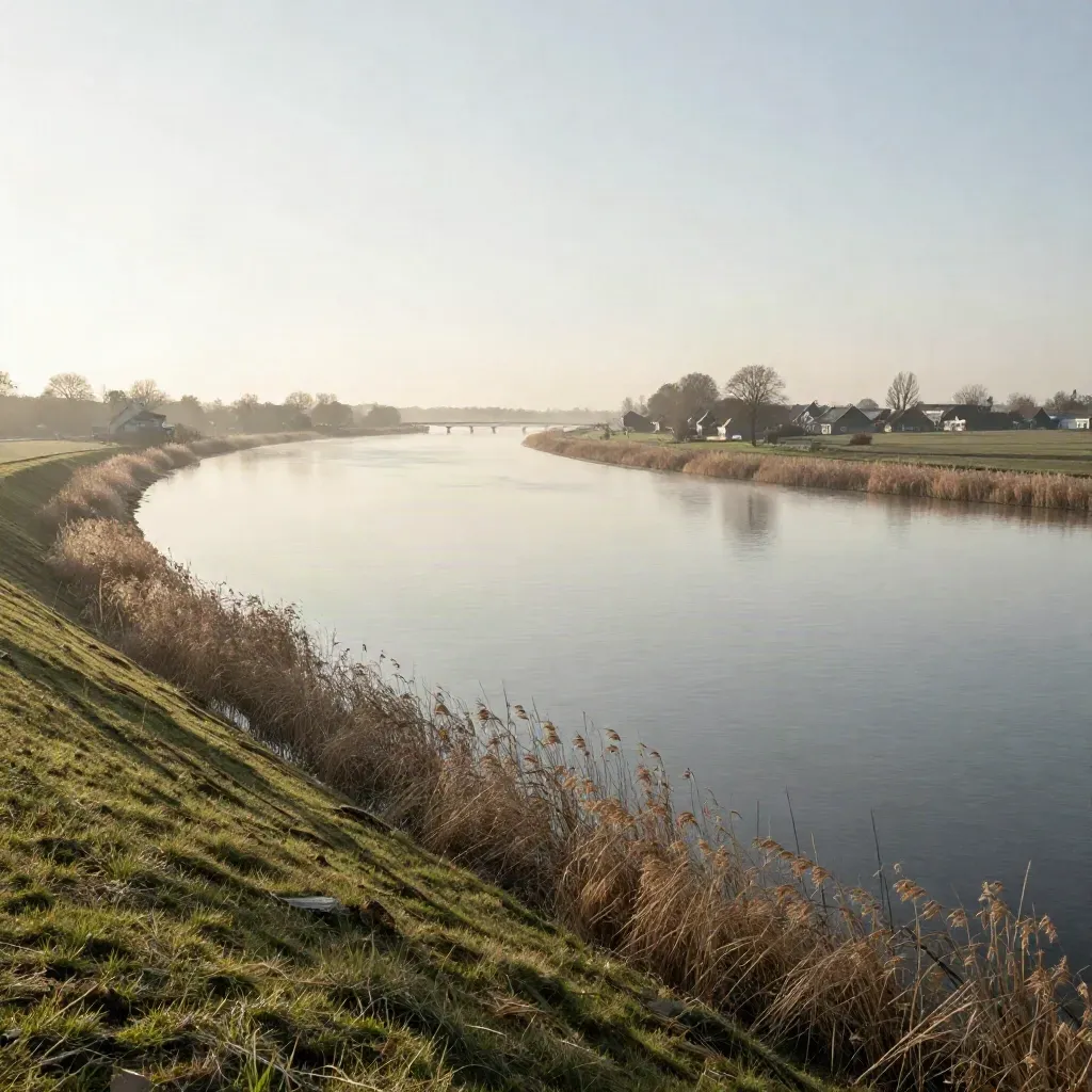 Mistige Waalbocht bij Utrecht en Gelderland met brug en lage dijk